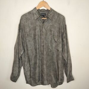 Vintage Reunion Silk Shirt Button Up Green Pattern Long Sleeve